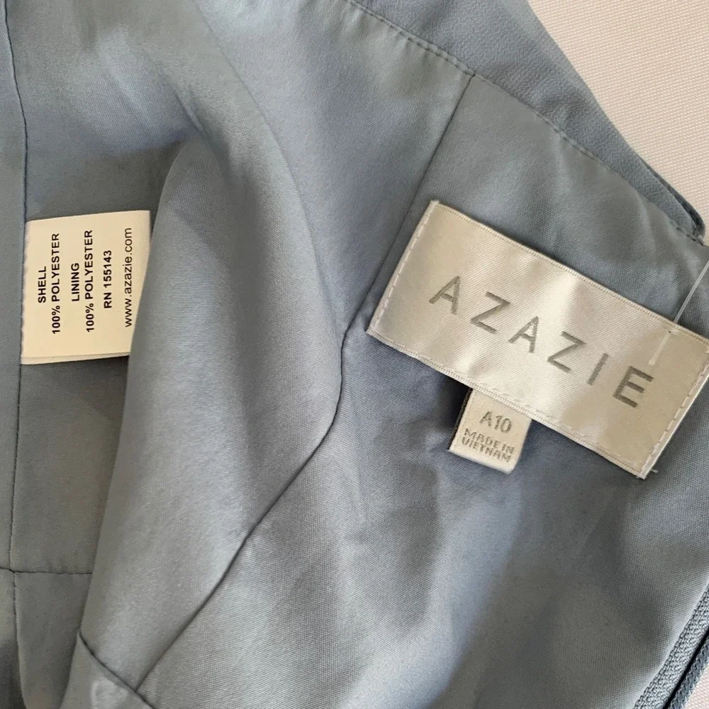 NWT Azazie Sarah Bridesmaid Dress 10 Dusty Blue Halter Chiffon Maxi Formal Gown‎